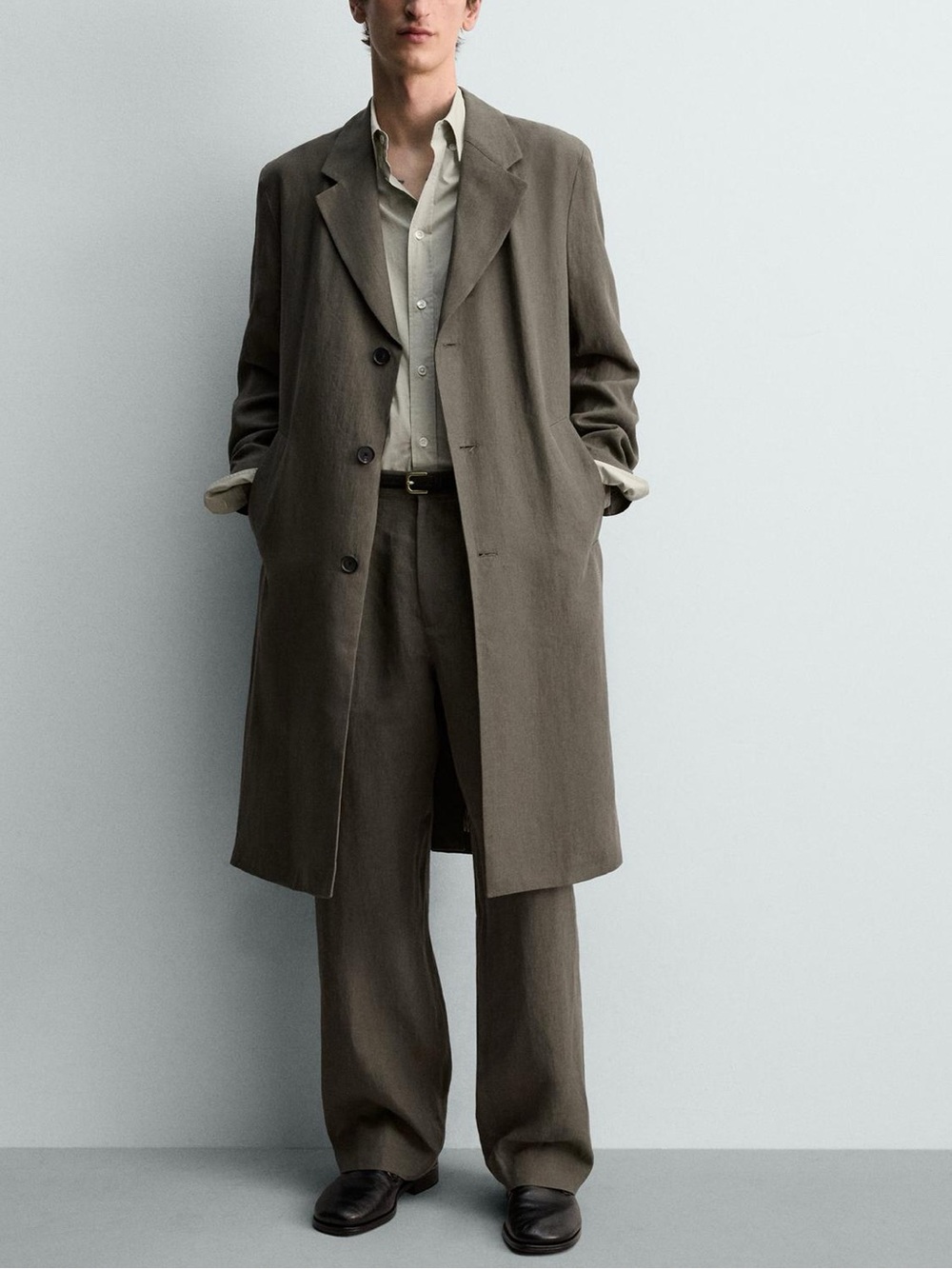 Zara Men's Long Single-Breasted 100% Linen Frock Coat in Grey Green NWT